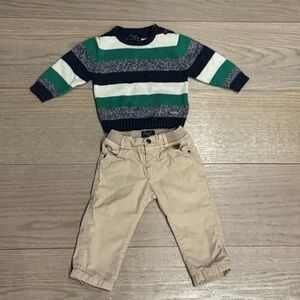 Mayoral Kids Sweater with Green and Navy Stripes and Khaki Pants 9 Months